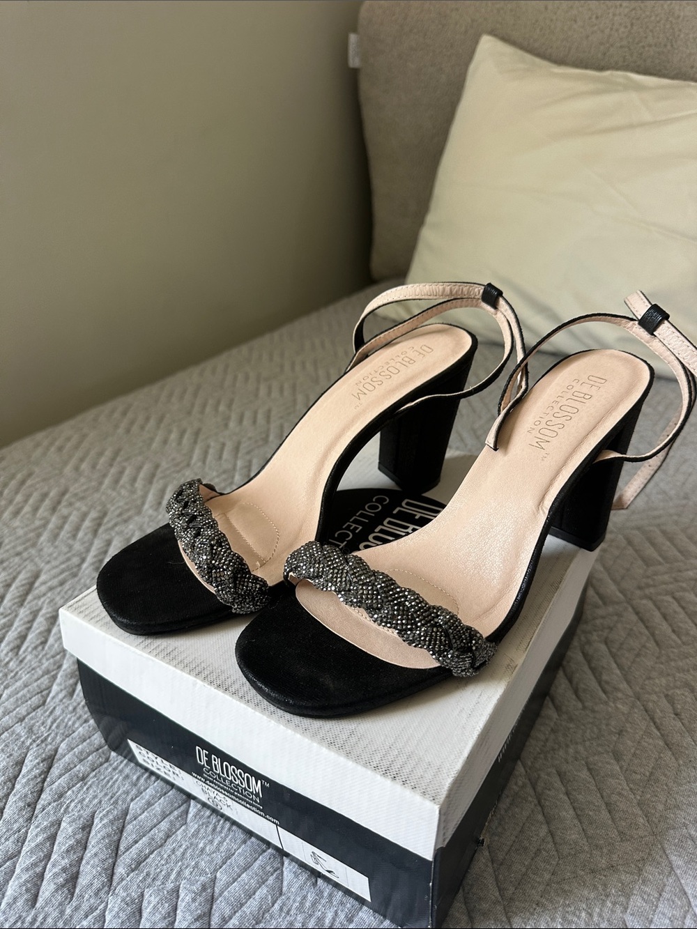 De Blossom Collection Black Block Heel Sandals with Nude Insole and Beaded Strap